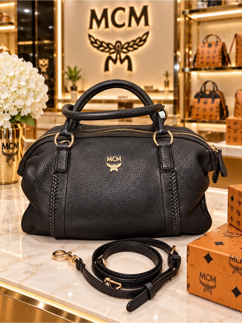 MCM Black Pebbled Leather Satchel with Gold Hardware